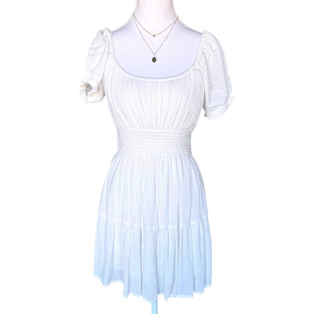 Hollister White Romper Dress Skort Gauze Smocked Puff Sleeve Tiered Skirt Small